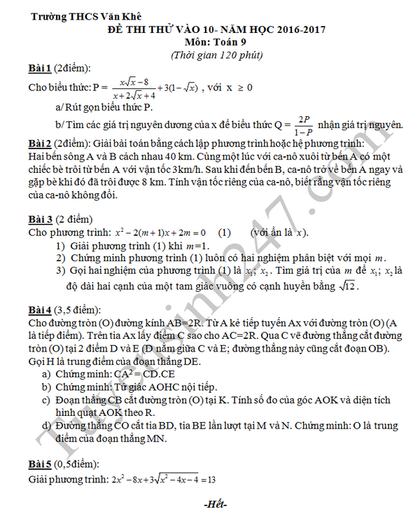 De thi thu vao lop 10 mon Toan lan 3 - THCS Van Khe 2016