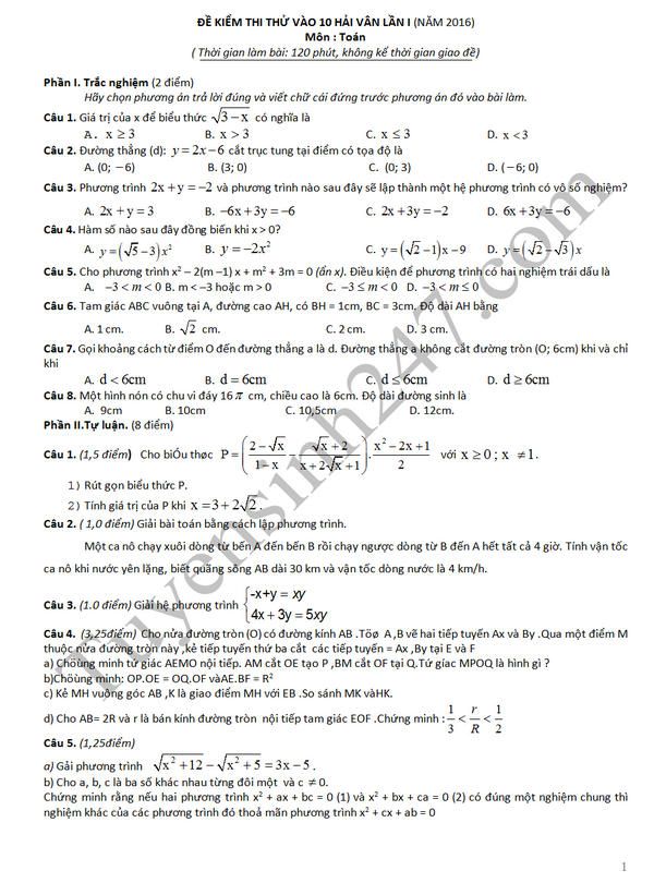 Đề thi thử vào lớp 10 môn Toán 2016 THCS Hải Vân lần 1