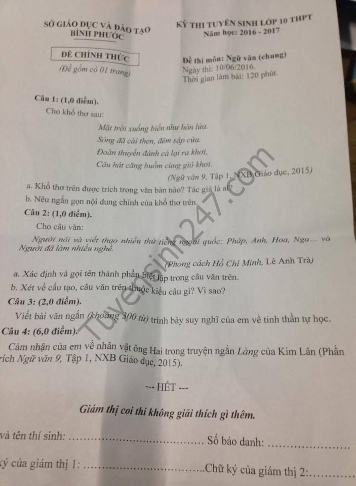 Đề thi môn Ngữ văn vào lớp 10 THPT tỉnh Bình Phước năm 2016
