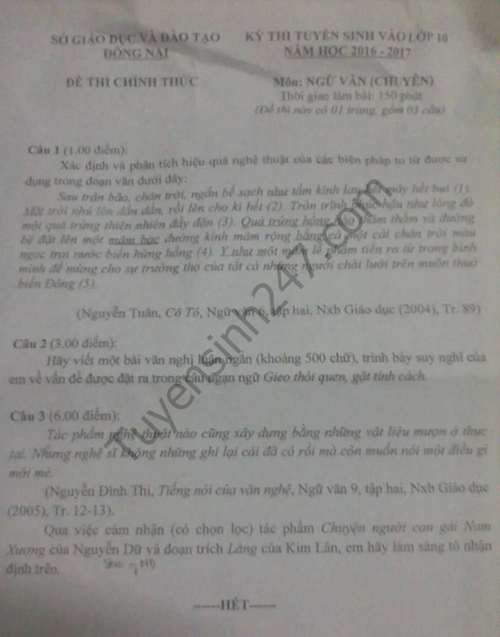 Đề thi vào lớp 10 môn Ngữ Văn chuyên tỉnh Đồng Nai