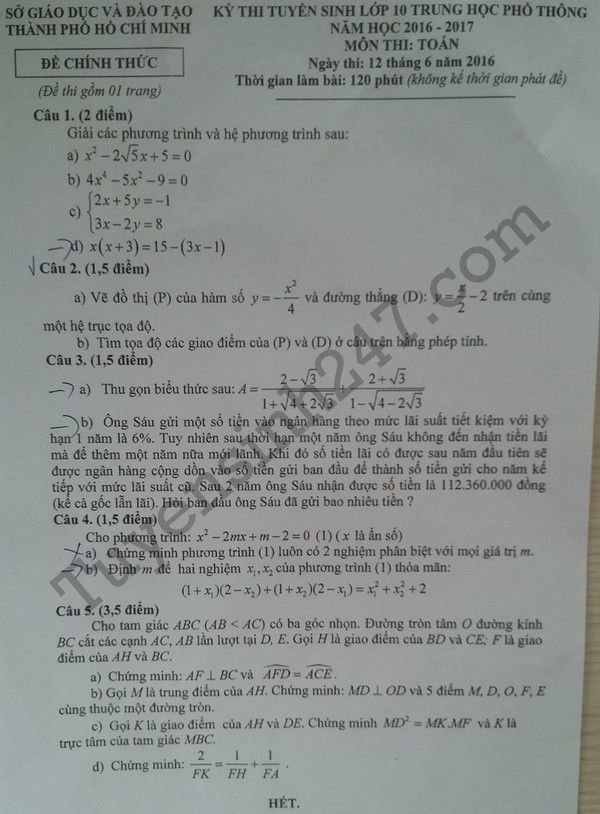 Đáp án đề thi vào lớp 10 môn Toán TPHCM năm 2016