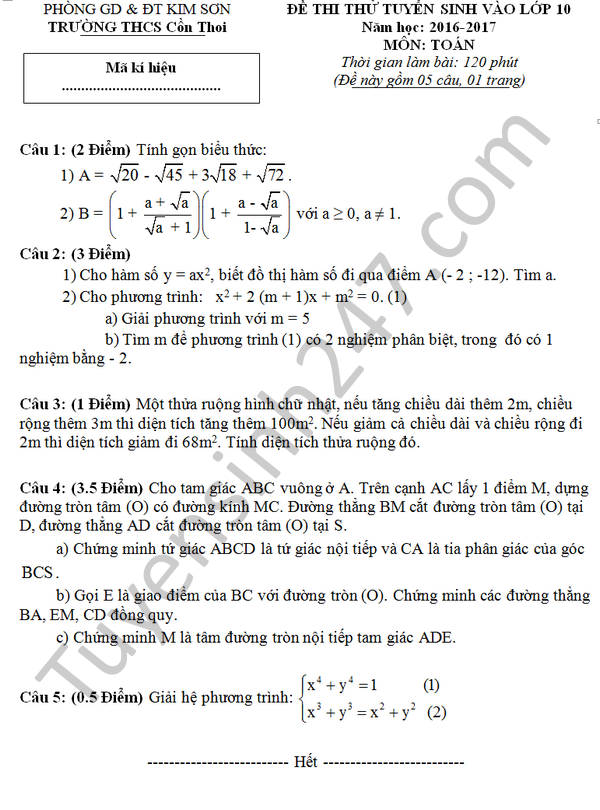 Đề thi thử vào lớp 10 môn Toán - THCS Cồn Thoi 2016 