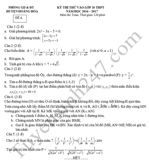 Đề thi thử vào lớp 10 môn Toán -  Huyện Hoằng Hóa 2016