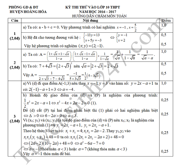 De thi thu vao lop 10 mon Toan - Phong GD&DT Hoang Hoa 2016