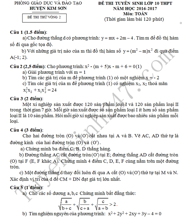 Đáp án đề thi thử vào lớp 10 môn Toán 2016 - Kim Sơn lần 2