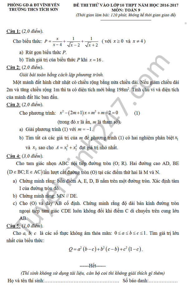 Đề thi thử vào lớp 10 môn Toán 2016 - THCS Tích Sơn