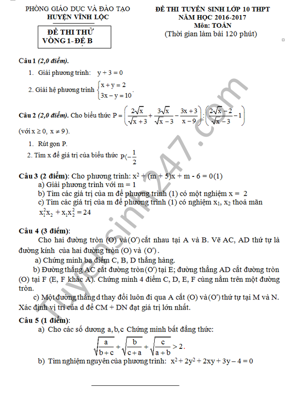 Đề thi thử vào lớp 10 môn Toán 2016 - Vĩnh Lộc