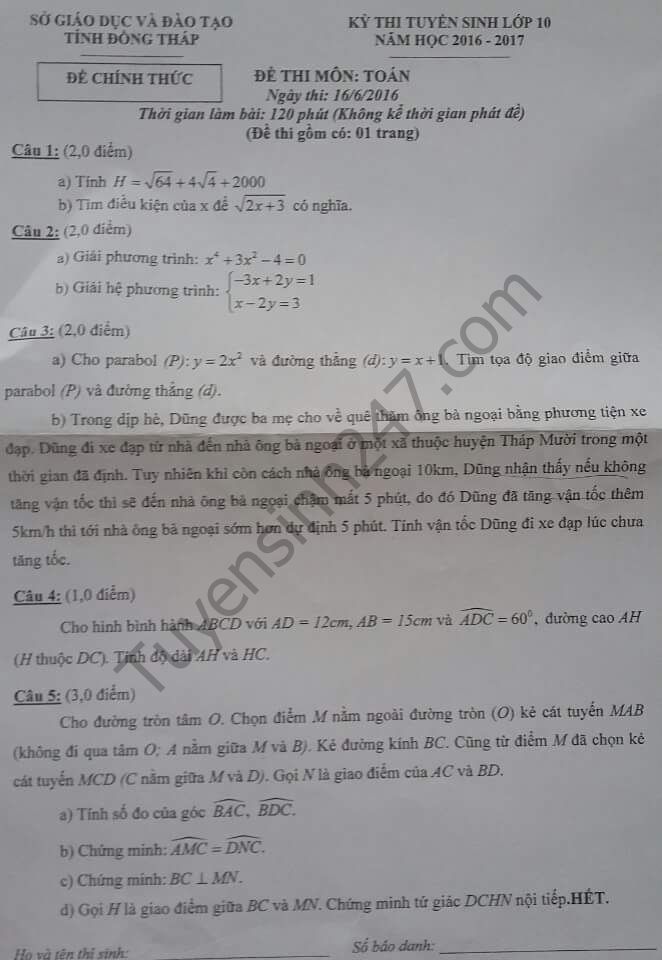 Đề thi vào lớp 10 môn Toán Tỉnh Đồng Tháp 2016