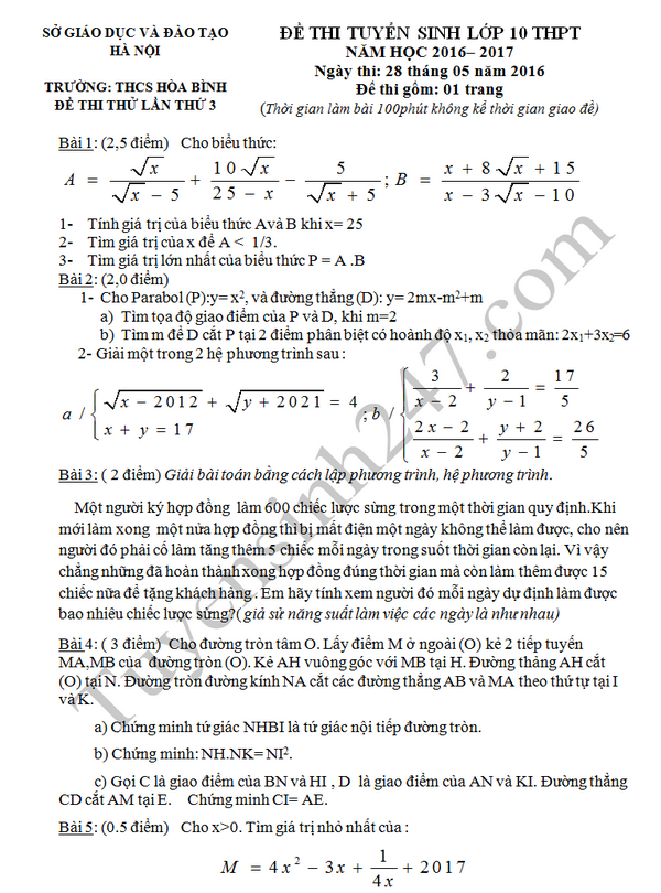 Đáp án đề thi thử vào lớp 10 môn Toán - THCS Hòa Bình 2016 lần 3