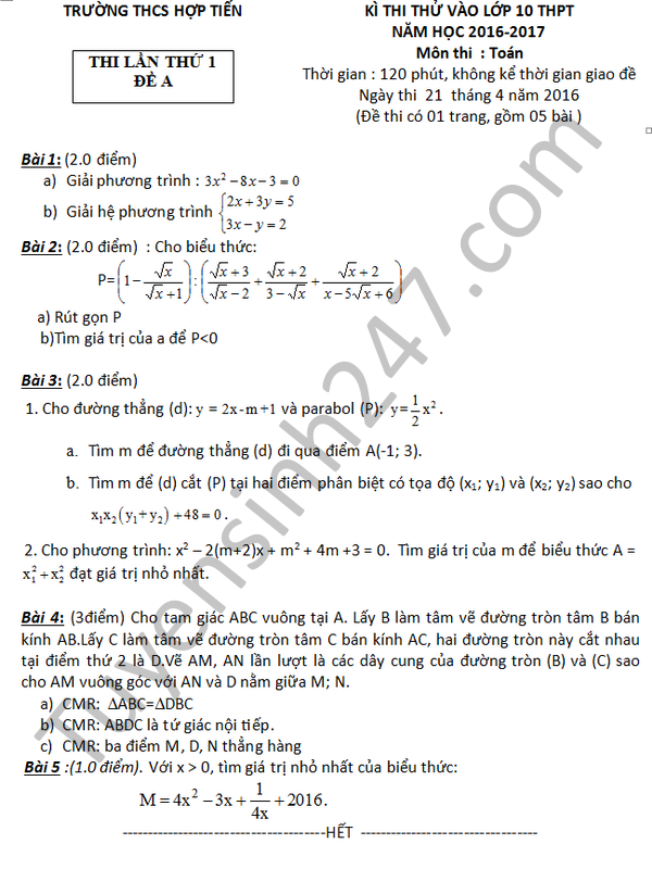 Đề thi thử vào lớp 10 môn Toán THCS Hợp Tiến 2016 - Lần 1