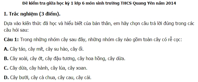 Đề kiểm tra giữa học kỳ 1 lớp 6 môn Sinh trường THCS Quang Yên 2014