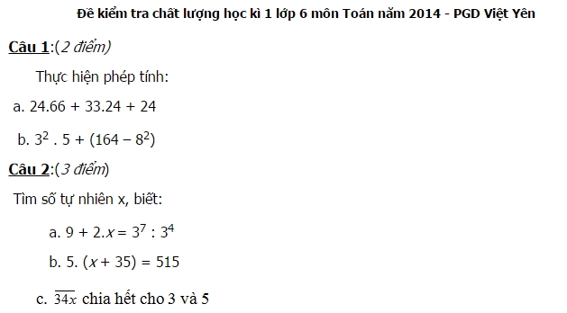 Đề thi giữa học kỳ 1 lớp 6 môn Toán Phòng Giáo Dục Việt Yên 2014