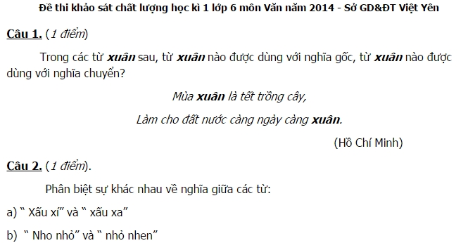 Đề thi giữa học kỳ 1 lớp 6 môn Văn Phòng Giáo Dục Việt Yên 2014