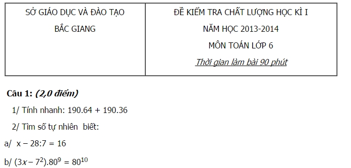 Đề thi học kì 1 lớp 6 môn Toán Sở GD&ĐT Bắc Giang 2014