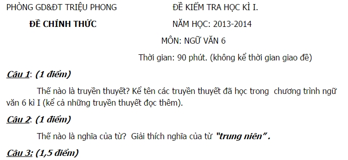 Đề thi học kì 1 lớp 6 môn Ngữ Văn phòng GD&ĐT Triệu Phong 2014