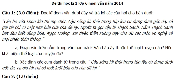 Đề thi học kì lớp 6 năm 2014 môn Ngữ Văn