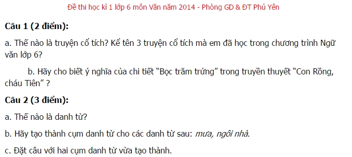 Đề thi học kì 1 môn Văn lớp 6 phòng GD&ĐT Phú Yên 2014