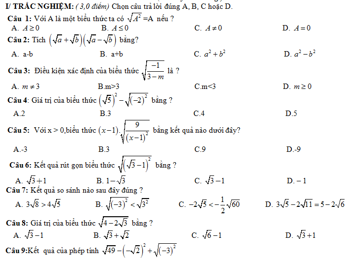 2 đề kiểm tra chương căn bậc hai, căn bậc 3 (có đáp án - thang điểm)