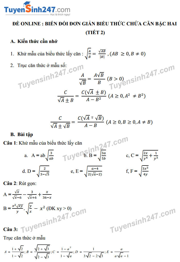 Thi online - Biến đổi đơn giản biểu thức chứa căn bậc 2 (tiết 2)