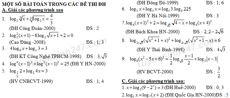 Bài tập giải phương trình logarit theo từng dạng - có đáp án