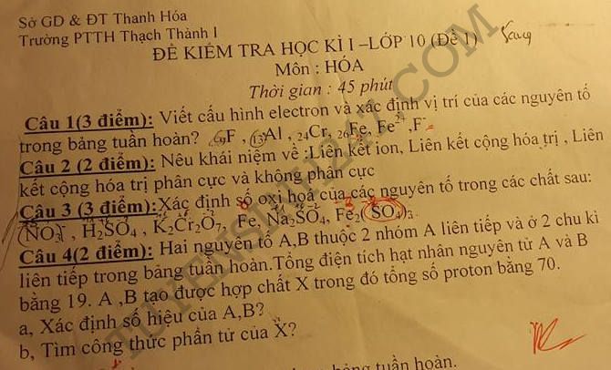 De thi hoc ki 1 lop 10 mon Hoa 2015 - THPT Thach Thanh 1