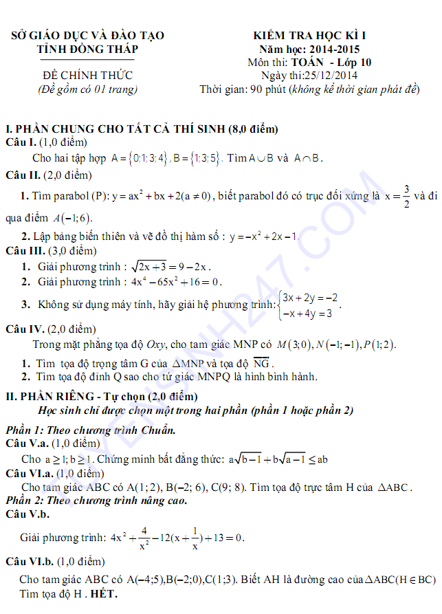 De thi hoc ki 1 lop 10 mon Toan nam 2015 - Dong Thap