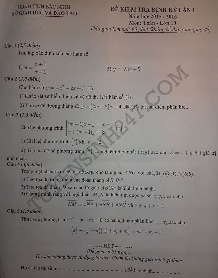 De thi hoc ki 1 lop 10 mon Toan 2015 tinh Bac Ninh (Co dap an)