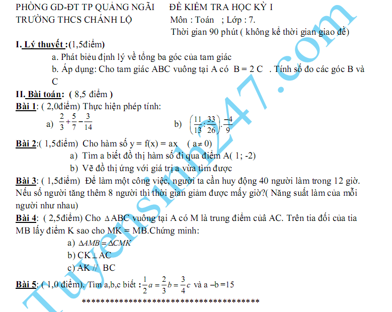 De thi hoc ki 1 lop 7 mon Toan THCS Chanh Lo 2015