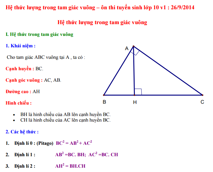 Lý thuyết và bài tập chương hệ thức lượng trong tam giác vuông - ôn thi vào 10