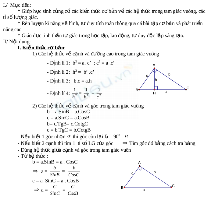 Công thức - bài tập chương hệ thức lượng trong tam giác vuông
