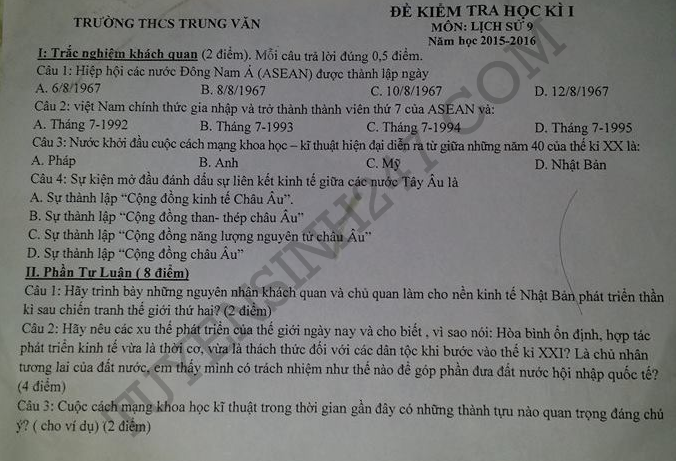 De thi hoc ki 1 lop 9 mon Su THCS Trung Van 2015