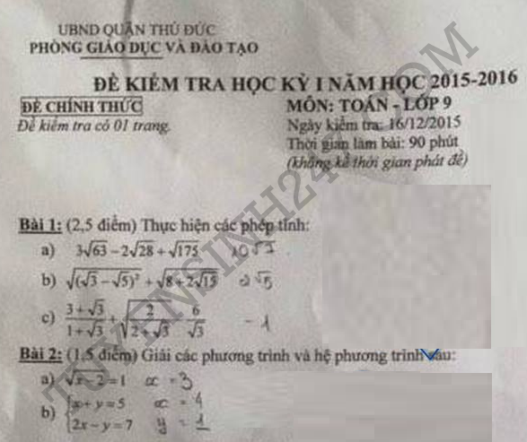 De thi hoc ki 1 lop 9 mon Toan Quan Thu Duc nam 2015