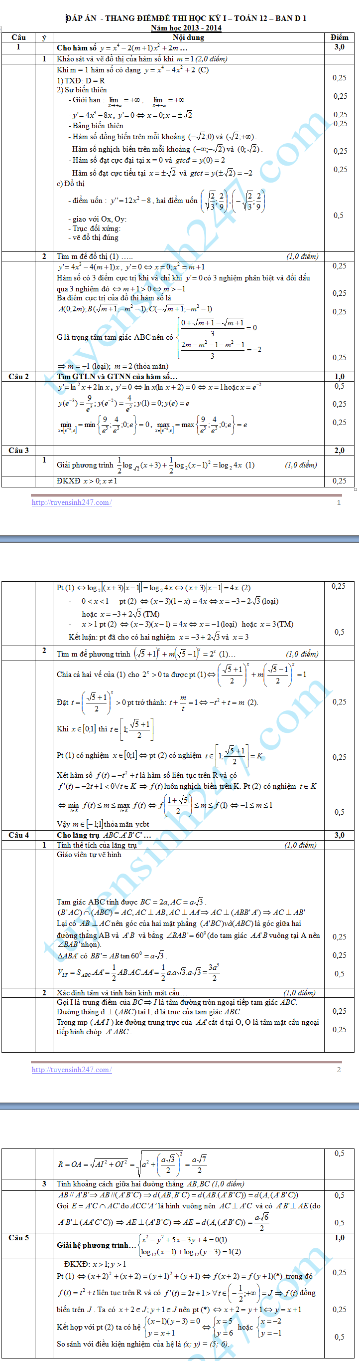 De thi hoc ki 1 mon Toan - khoi D1 lop 12 nam 2014 - THPT Chu Van An