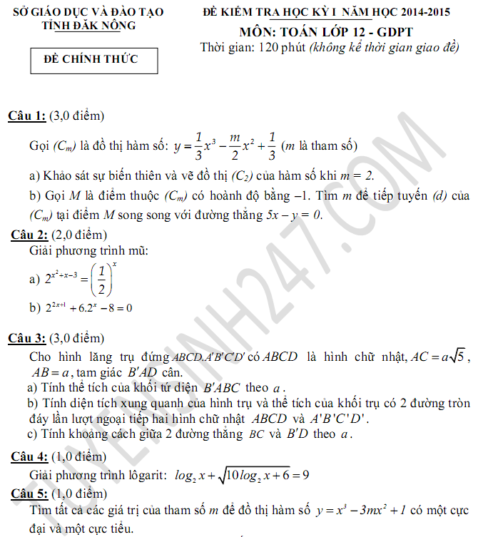 De thi hoc ki 1 lop 12 mon Toan 2015 - Dac Nong