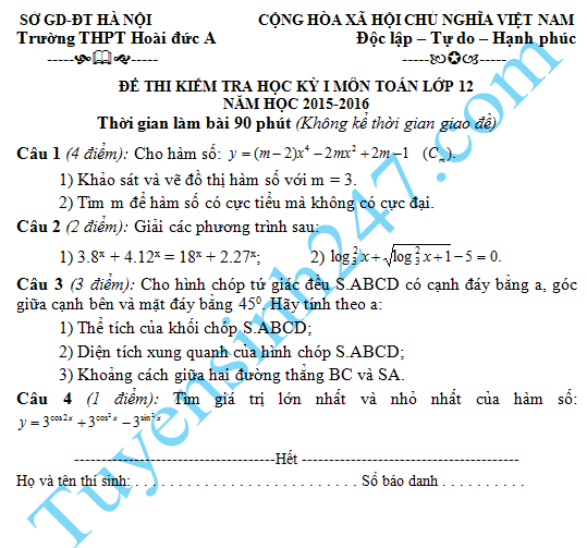 De thi hoc ki 1 lop 12 mon Toan - THPT Hoai Duc A nam 2015