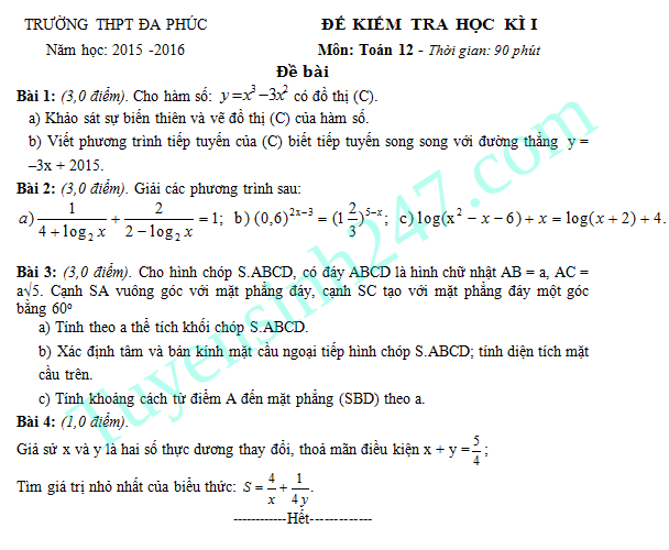 De thi hoc ki 1 lop 12 mon Toan - THPT Da Phuc nam 2015