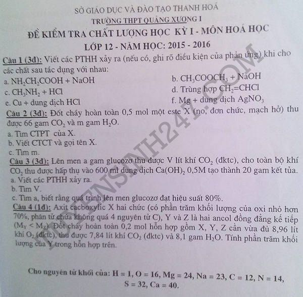 De thi hoc ki 1 lop 12 mon Hoa 2015 - Quang Xuong 1