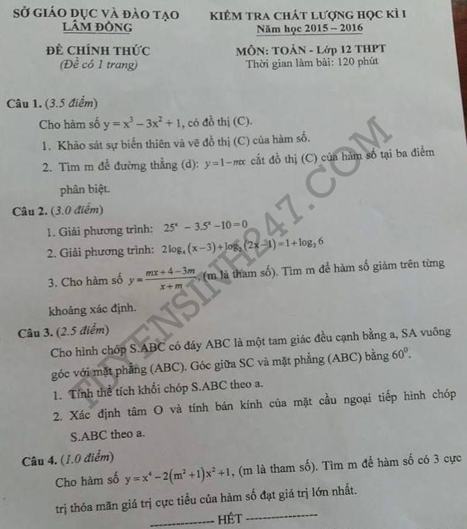 De thi hoc ki 1 lop 12 mon Toan tinh Lam Dong 2015