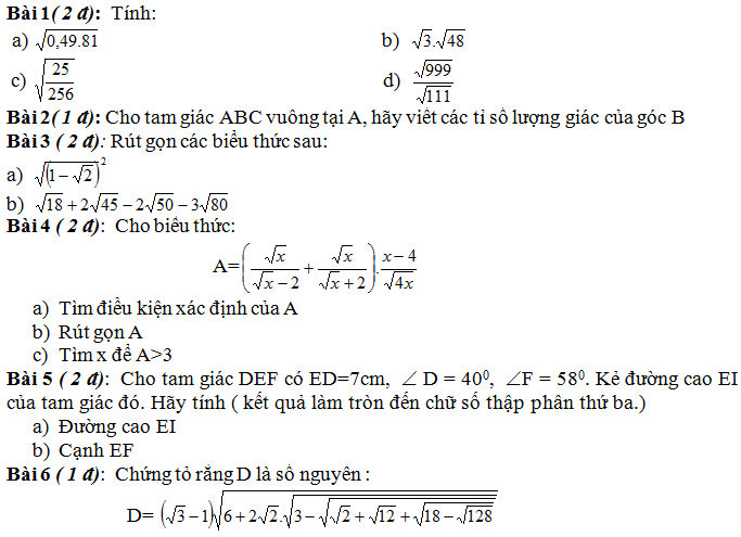 Đề thi giữa kì 1 lớp 9 môn Toán 2015 THCS Trúc Lâm