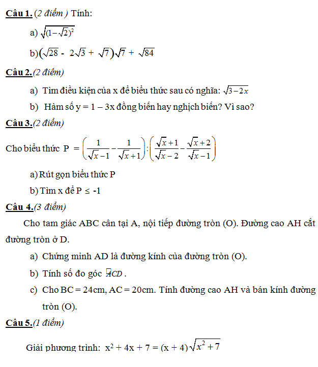 Đề thi giữa kì 1 lớp 9 môn Toán Việt Yên 2014