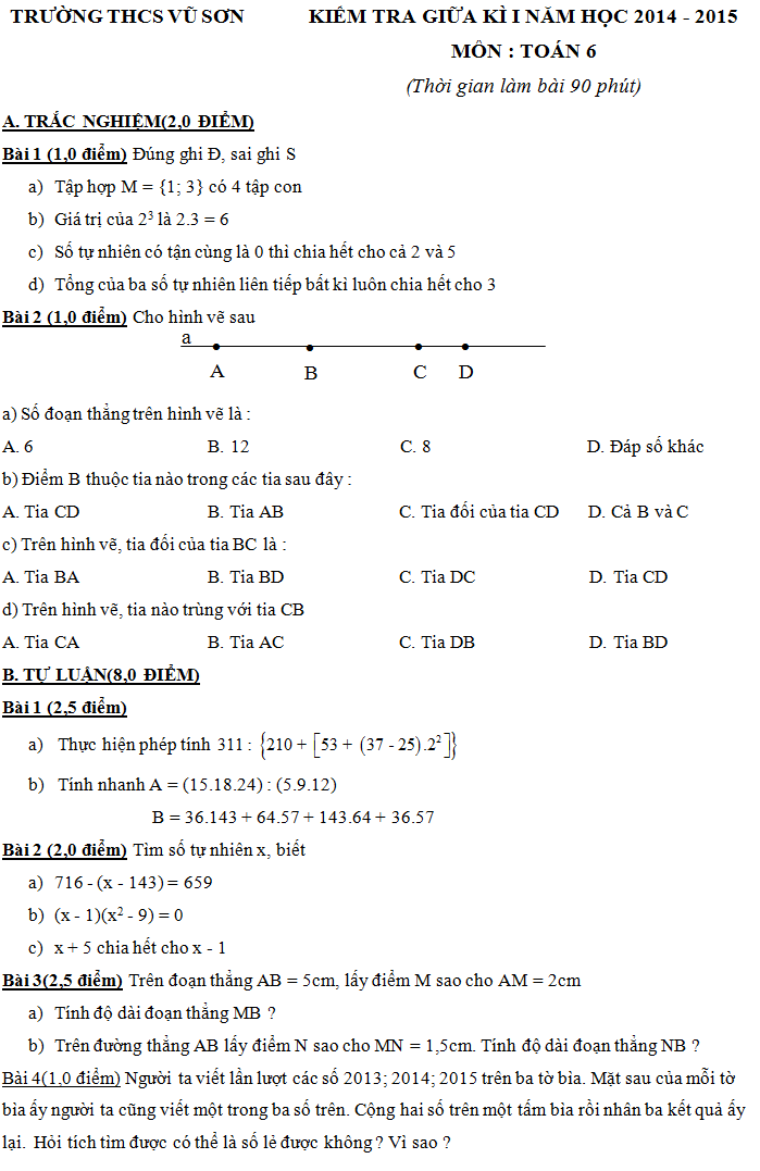 Đề thi giữa kì 1 lớp 6 môn Toán THCS Vũ Sơn 2015