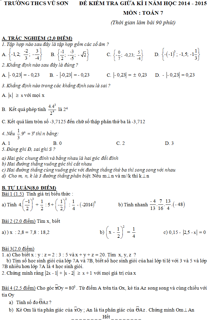 Đề thi giữa kì 1 lớp 7 môn Toán THCS Vũ Sơn 2015