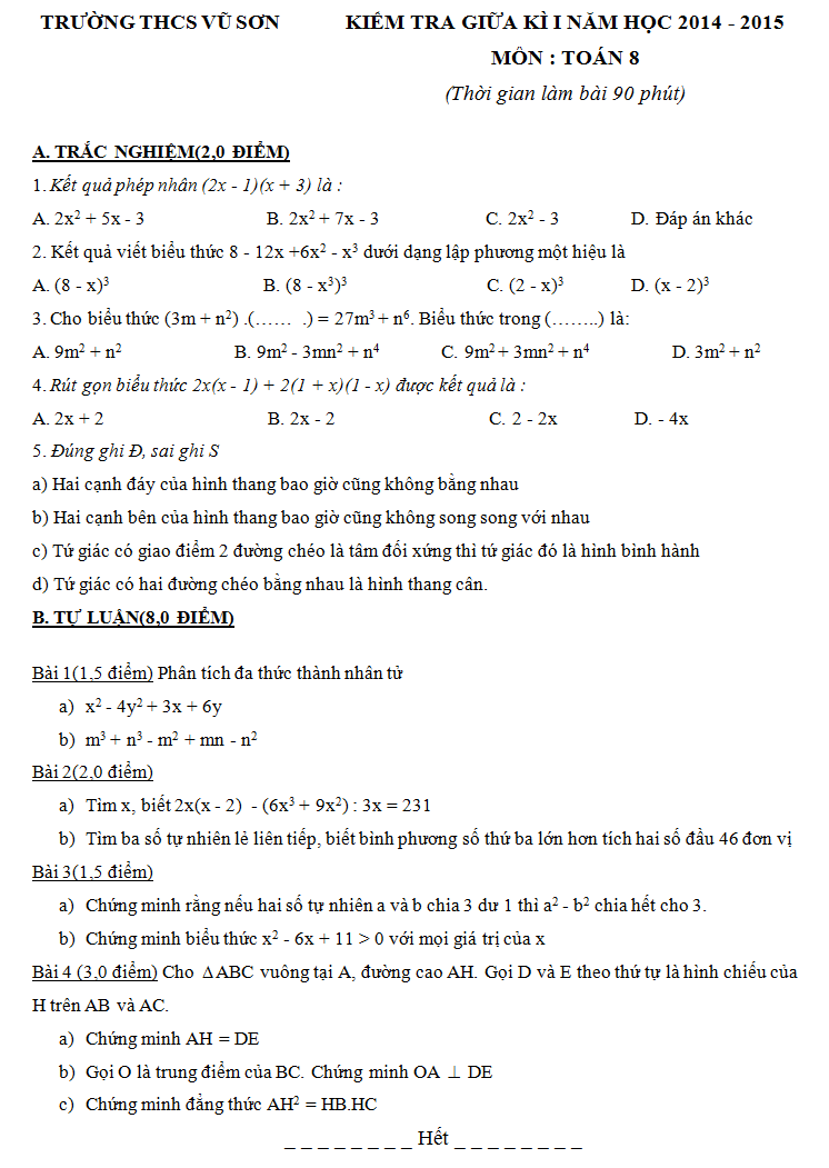 Đề thi giữa kì 1 môn Toán lớp 8 THCS Vũ Sơn 2015