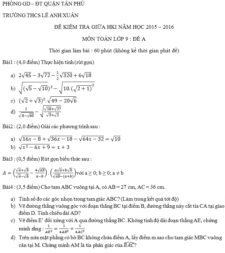 Đề thi giữa kì 1 lớp 9 môn Toán THCS Lê Anh Xuân 2015