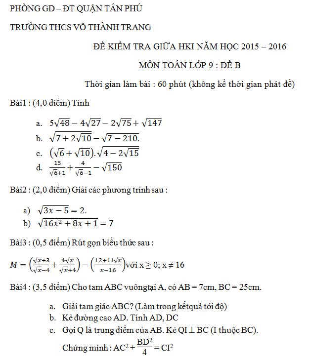 Đề thi giữa kì 1 lớp 9 môn Toán 2015 THCS Võ Thành Trang