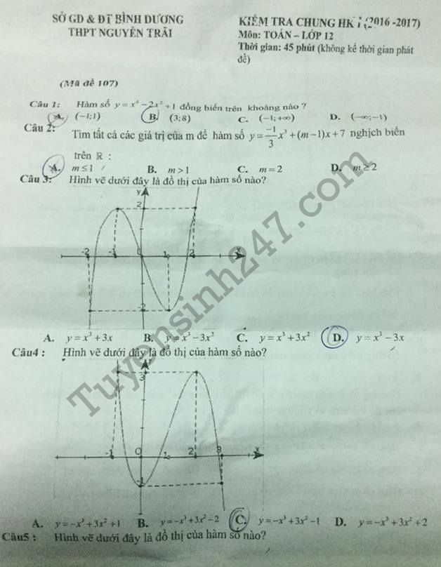 Đề thi giữa kì 1 lớp 12 môn Toán THPT Nguyễn Trãi 2016