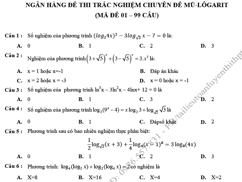 Bài tập trắc nghiệm mũ logarit lớp 12