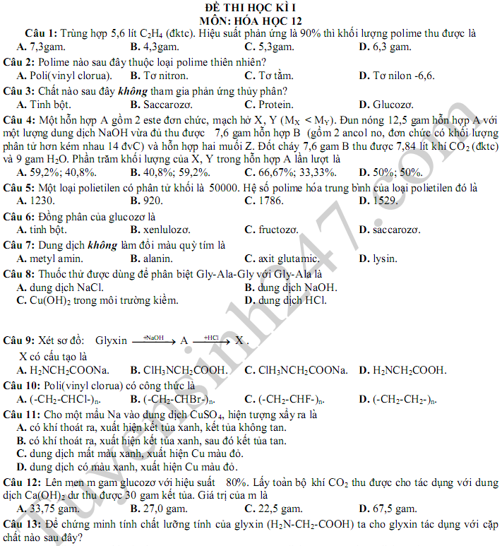 Đề thi học kì 1 lớp 12 môn Hóa năm 2016 - 2017