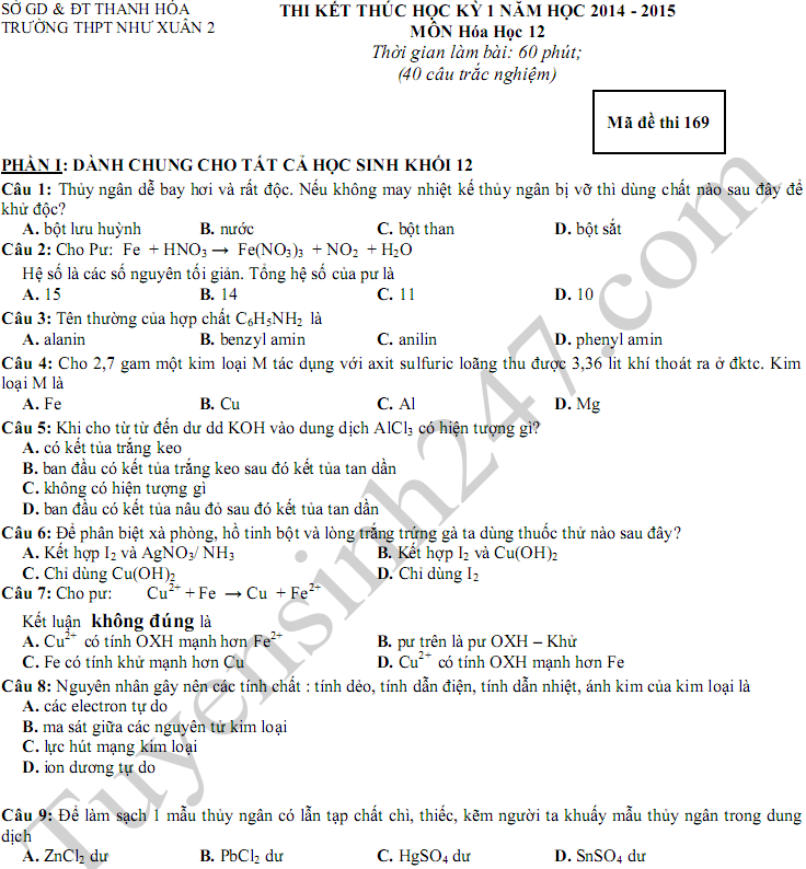 Đề thi học kì 1 lớp 12 môn Hóa 2015 - THPT Như Xuân 2