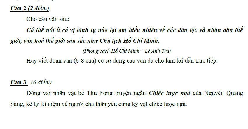 Đề thi học kì 1 môn Văn 9 năm 2016 - THCS Minh Thạnh